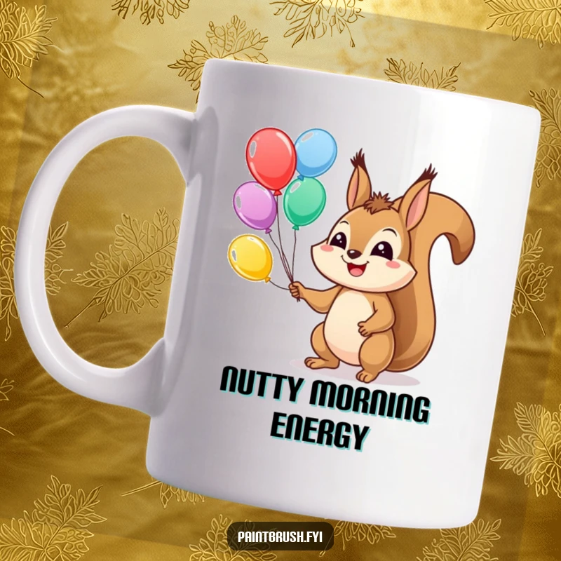 Funny Juggling Squirrel Mug, happily tossing colorful balloons with a wide grin, radiating pure playful energy.