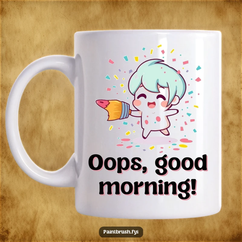 Funny paintbrush character comically tripping, spilling vibrant paint confetti on this humorous mug.