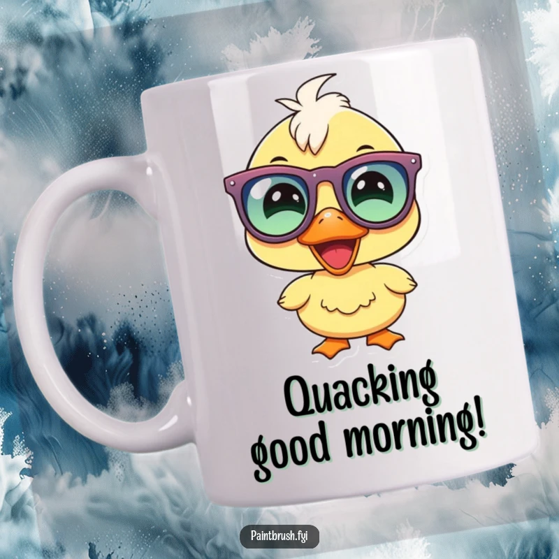 Funny duckling party mug, joyous duckling character wearing oversized party glasses and smiling broadly, radiating pure happiness.