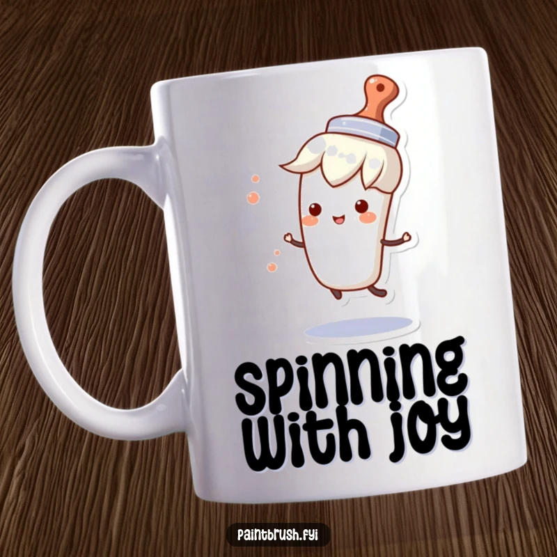 Funny mug featuring a paintbrush character wearing a small hat and happily spinning in circles, exuding pure joy and playfulness.