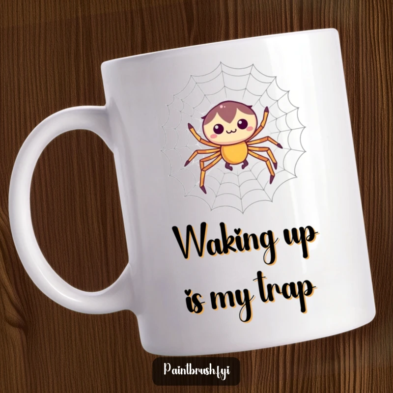 Funny mug featuring a focused spider character weaving a perfectly symmetrical web with precision, symbolizing intricate creation.