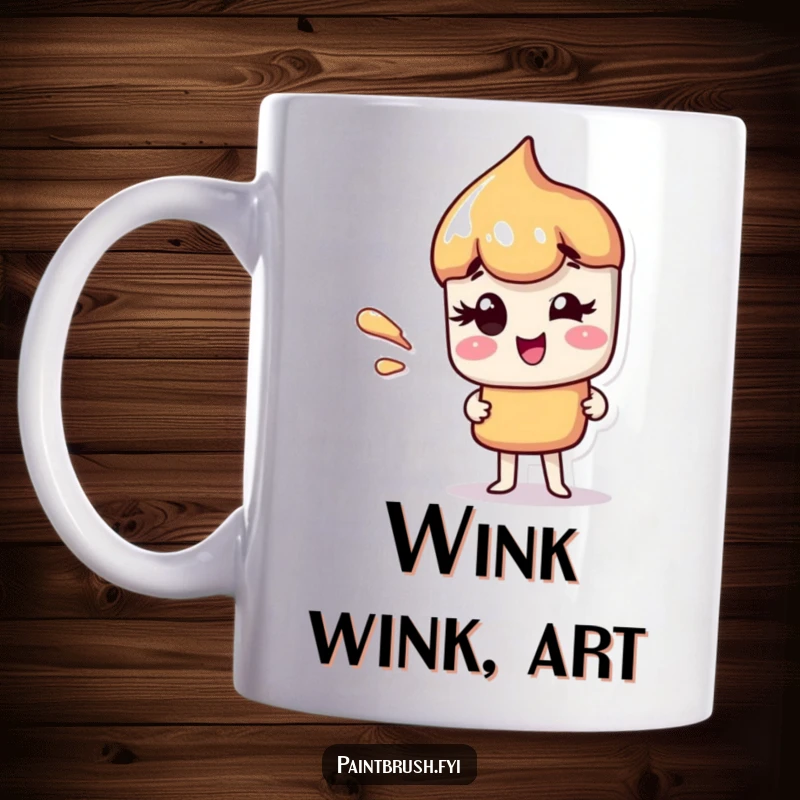 Funny mug featuring a charming paintbrush character playfully winking with a colorful paint streak across its face.
