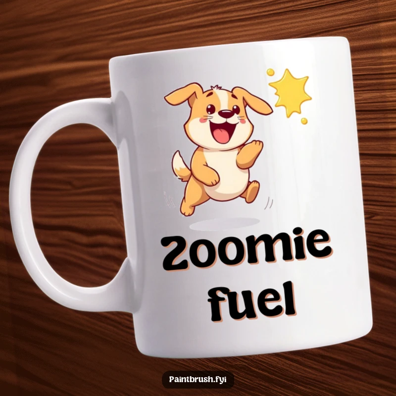 Funny dog mug showing a bouncy dog excitedly chasing a flying paint splat with pure canine delight.