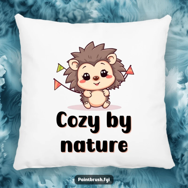 Funny hedgehog party pillow, happy hedgehog character with a striped party banner, providing soft comfort and festive cheer.