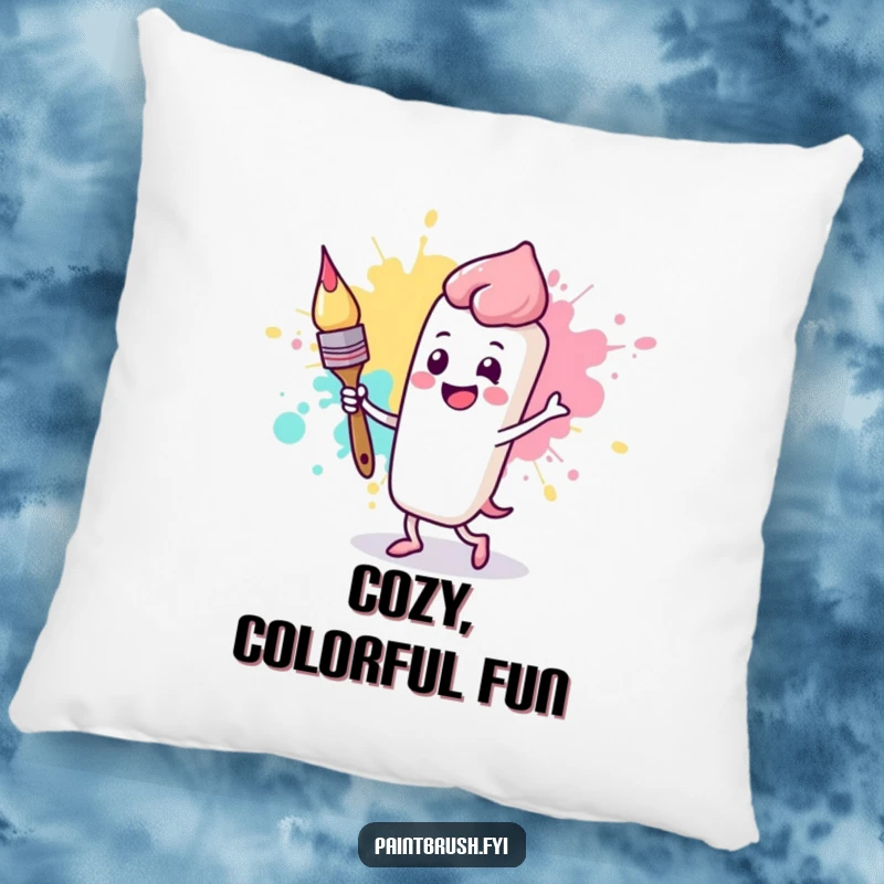 Funny pillow featuring a happy paintbrush character dancing with a lively paint splotch, adding comfort and cheer.