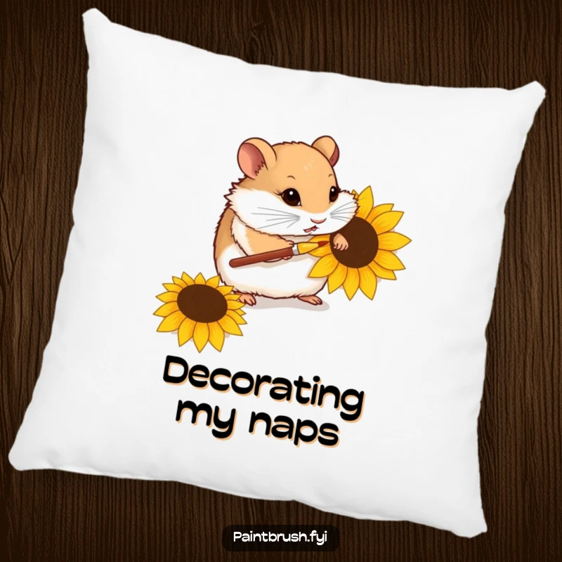 Funny pillow featuring a curious hamster delicately painting a sunflower seed with a tiny paintbrush, perfect for a cozy space.