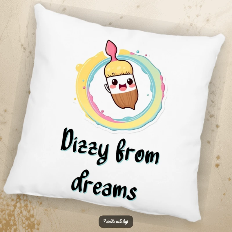 Funny Pillow: Paintbrush character enthusiastically splashing paint in a colorful spiral pattern, a soft and humorous decor item.
