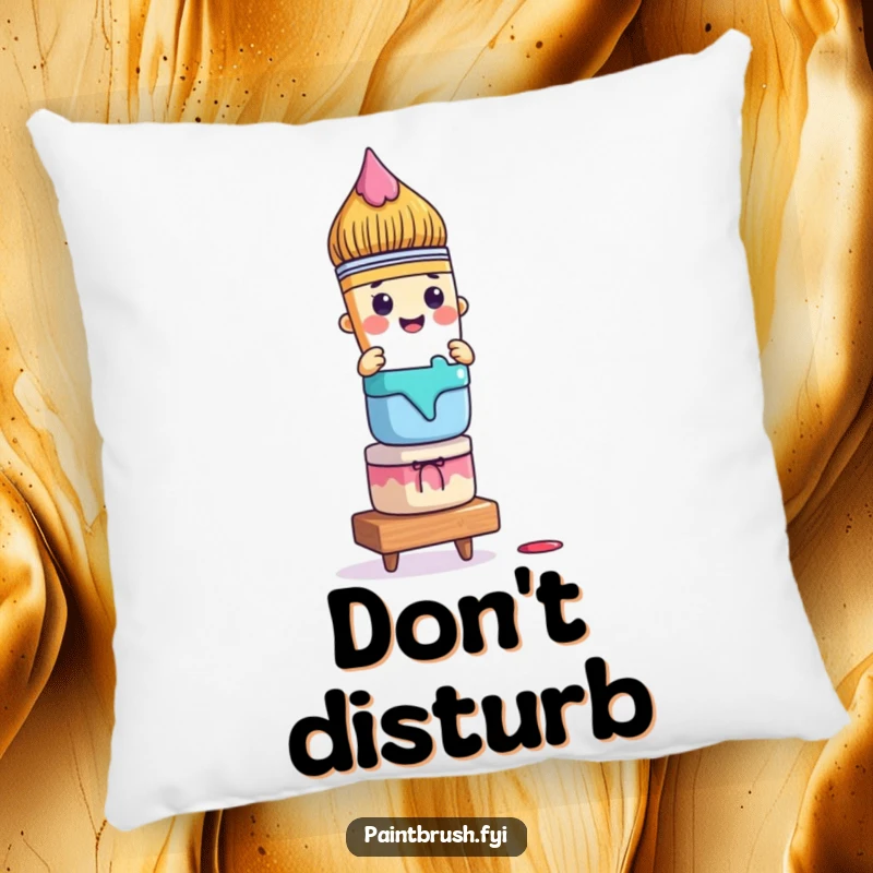 Funny paintbrush pillow with a character precariously balancing colorful paint pots, offering cozy comfort and artistic humor.