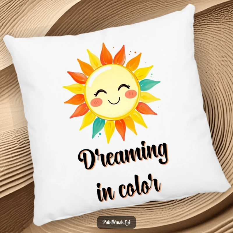 Funny decorative pillow featuring a paintbrush character painting a smiling sun with bright, lively colors, adding a cheerful touch.