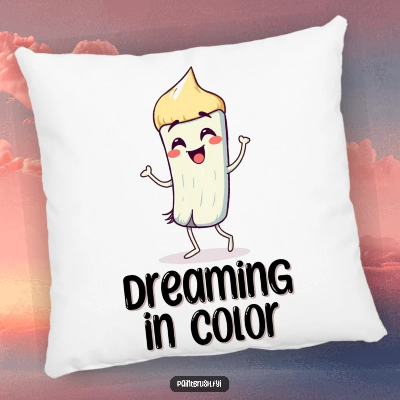 Funny Pillow: A paintbrush character dancing humorously with lively strokes, offering creative comfort.