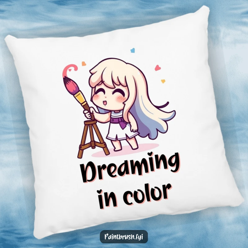 Funny character playing a paintbrush like a trumpet, generating a colorful sound wave, a soft pillow.