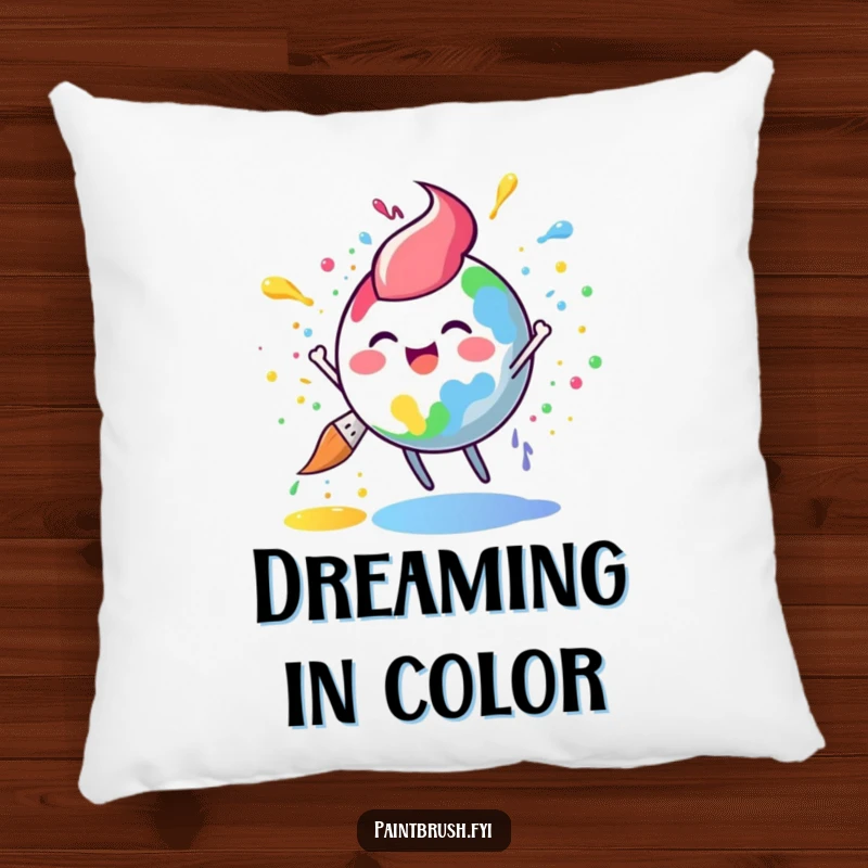 Funny paintbrush pillow with a round character joyfully splattering rainbow paint, offering comfort and a splash of artistic humor.