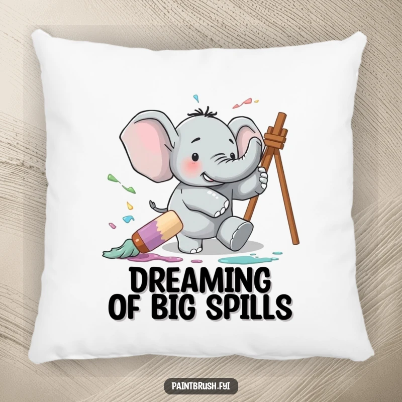 Funny pillow featuring a clumsy elephant tripping over a giant paintbrush, creating a comical and colorful paint splatter, perfect for relaxation.