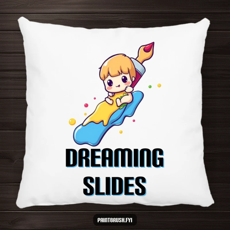 Funny paintbrush pillow with a character sliding down a rainbow of colorful paint, offering cozy comfort and artistic humor.