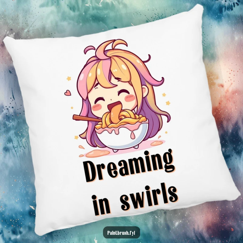 Funny character energetically mixing vibrant paint colors with a giant stirrer, a soft pillow.