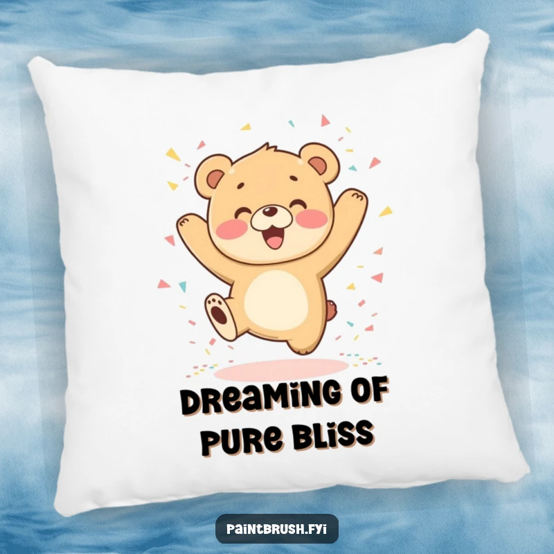 Funny Bear Cub Pillow featuring a fluffy cub happily jumping amidst colorful confetti, perfect for cozying up.