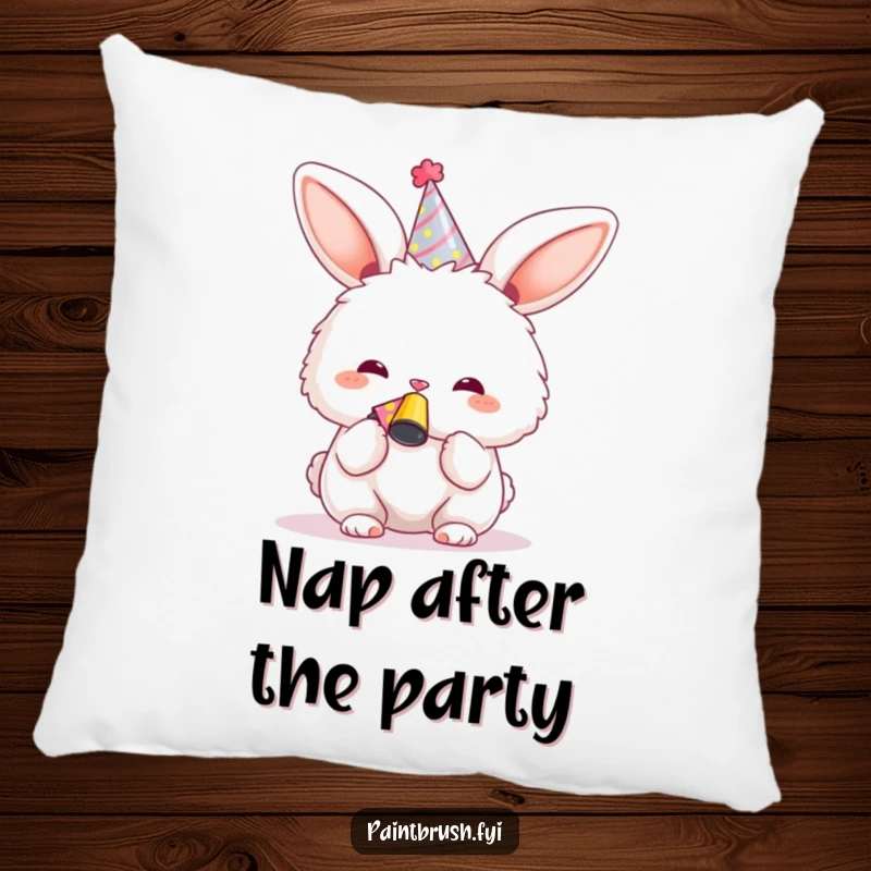 Funny Bunny Pillow with a cute character in a party hat blowing a noisemaker, adding comfort and cheer.