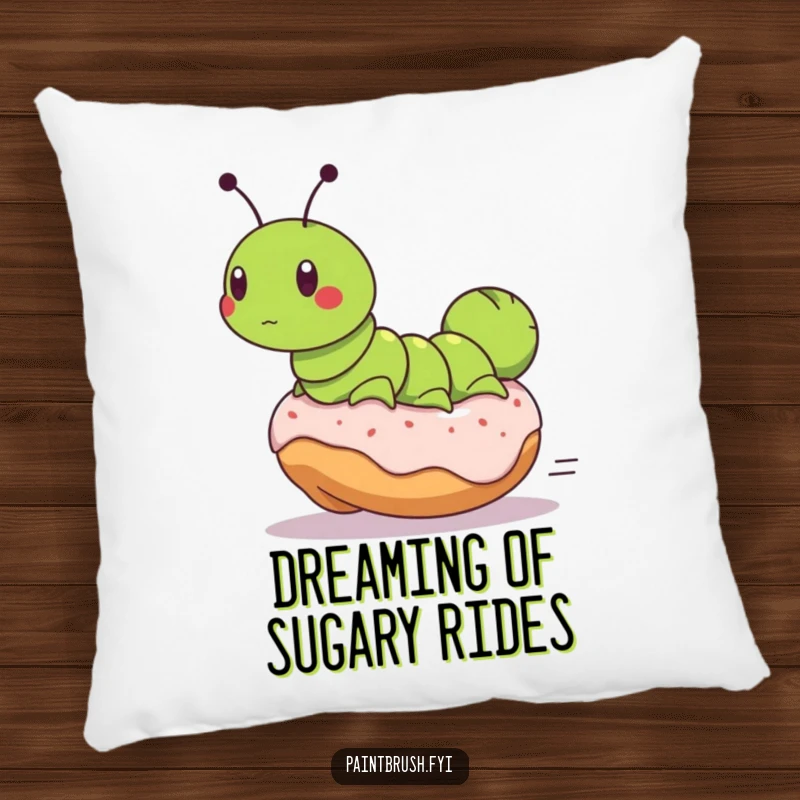 Funny pillow featuring a determined caterpillar on a runaway donut, offering soft comfort and a dose of hilarious breakfast adventure.