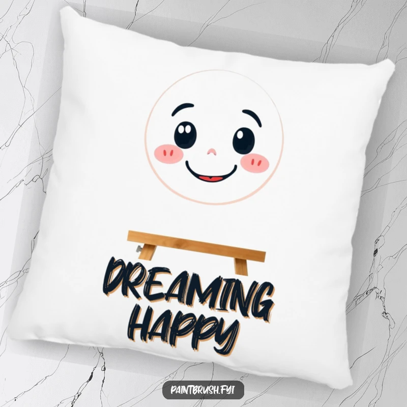 Funny pillow showing a determined paintbrush character painting a big, happy smiley face, perfect for decor.
