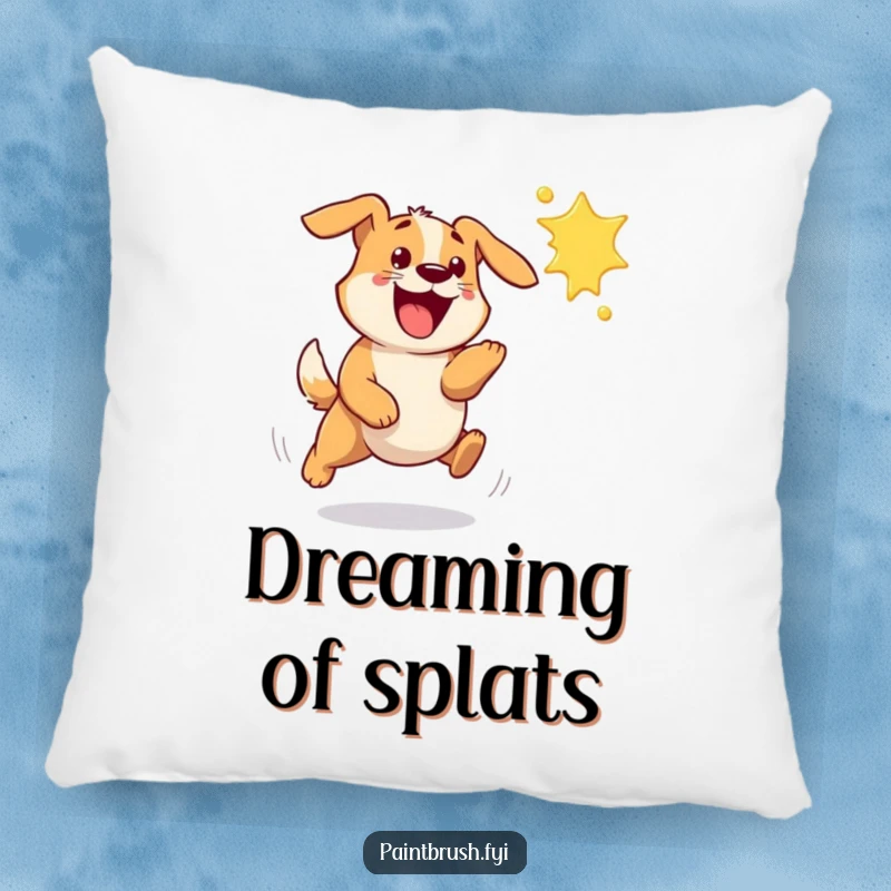 Funny dog pillow showing a bouncy dog excitedly chasing a flying paint splat, providing comfort and comedy.