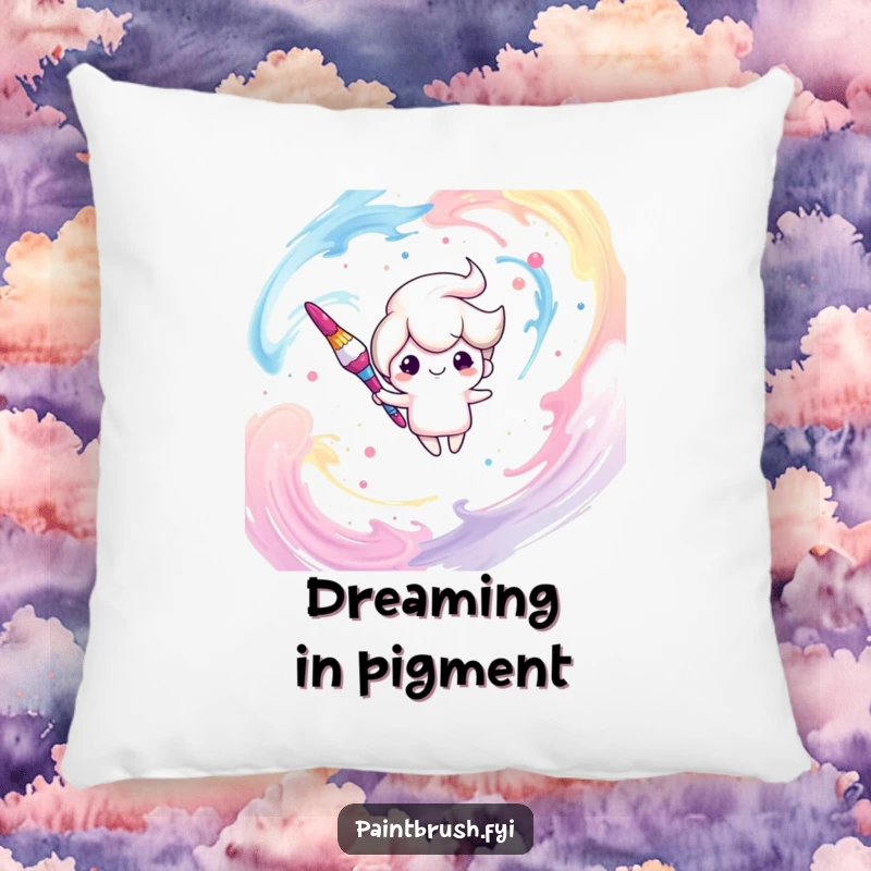 Funny pillow featuring a dreamy paintbrush character suspended in abstract, swirling paint colors, offering comfort and artistic flair.