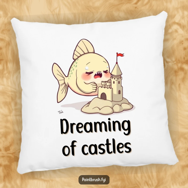 Funny pillow featuring a focused fish meticulously sculpting a tiny clay castle with its fins, perfect for cozy relaxation.