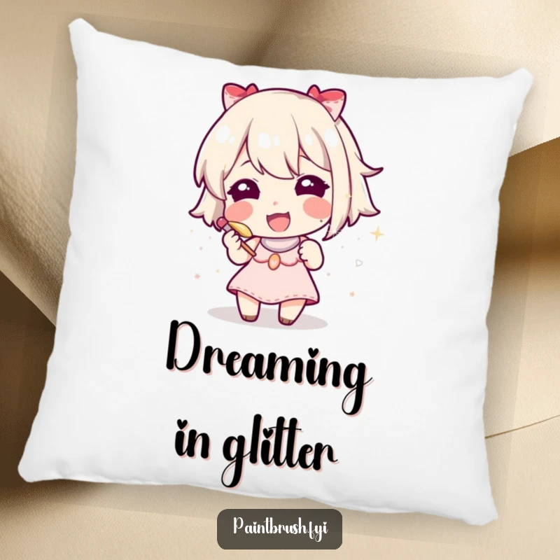 Funny character focused on painting a single speck of glitter with a tiny brush, a soft and humorous pillow.