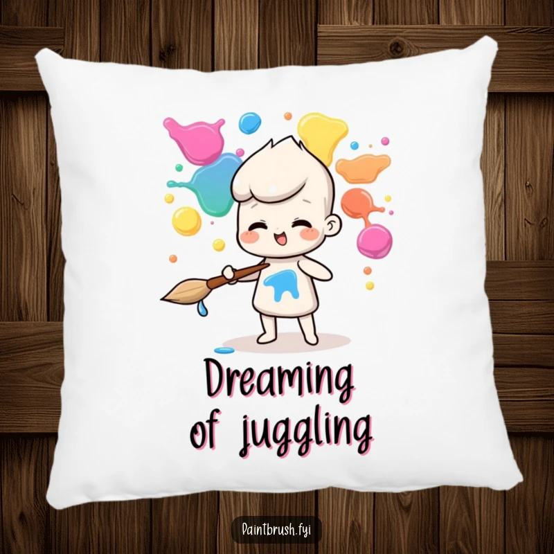 Funny pillow with a paintbrush character juggling colorful paint blobs, adding a touch of artistic whimsy.