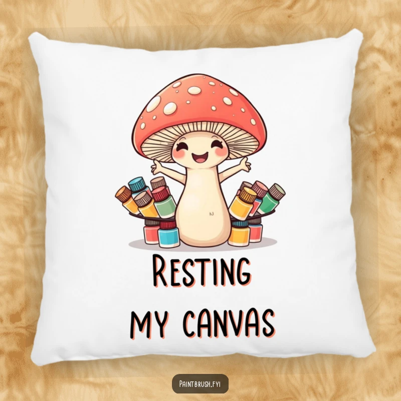 Funny mushroom pillow showing a cheerful mushroom struggling to balance numerous tiny paint pots, perfect for artistic relaxation.