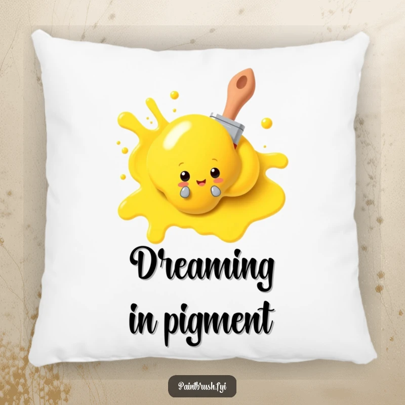 Funny paintbrush pillow, playfully peeking from behind a yellow paint blob, providing comfort and artistic humor. A decorative gift.