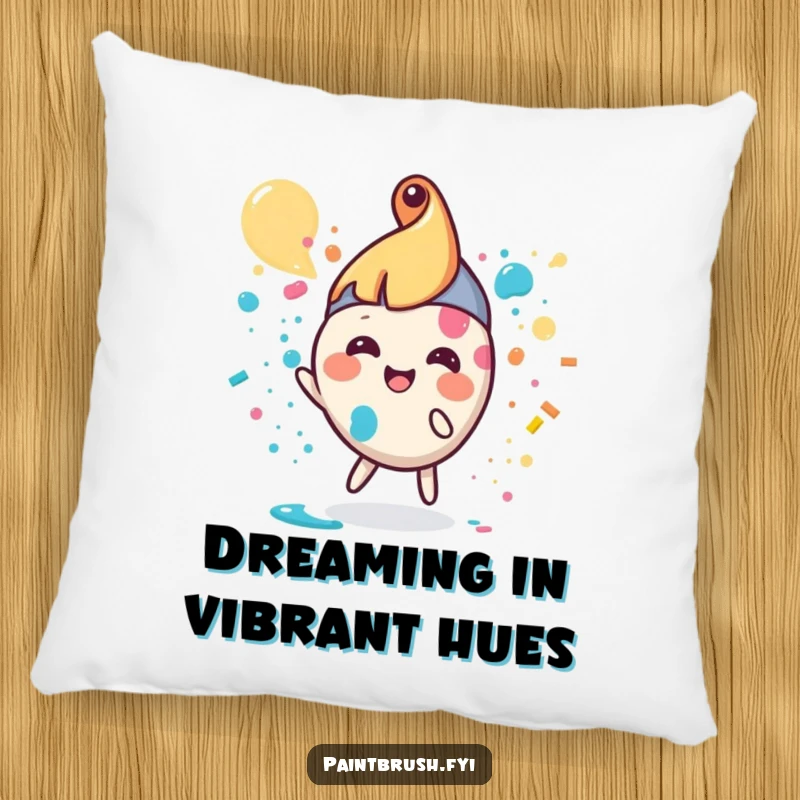 Funny paintbrush pillow with a small, round character splattering paint, soft and creative decor.