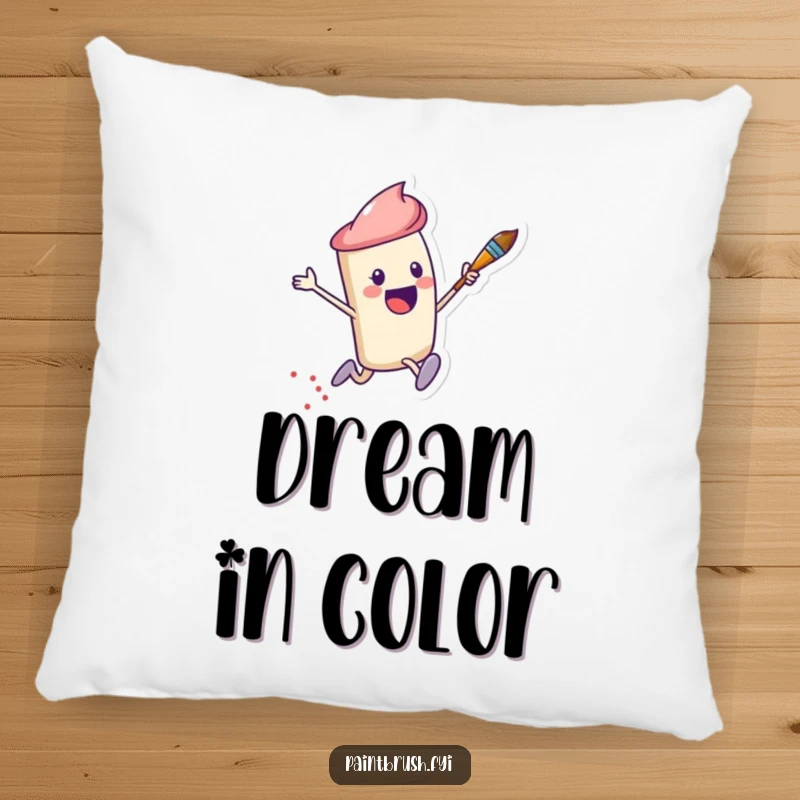 Funny Pillow featuring a happy paintbrush character leaping energetically, surrounded by a trail of decorative dots.