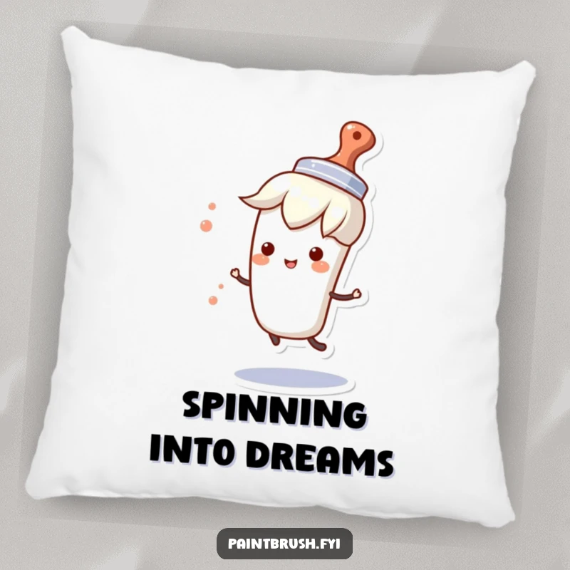 Funny decorative pillow featuring a paintbrush character wearing a small hat and spinning happily, adding a whimsical touch.