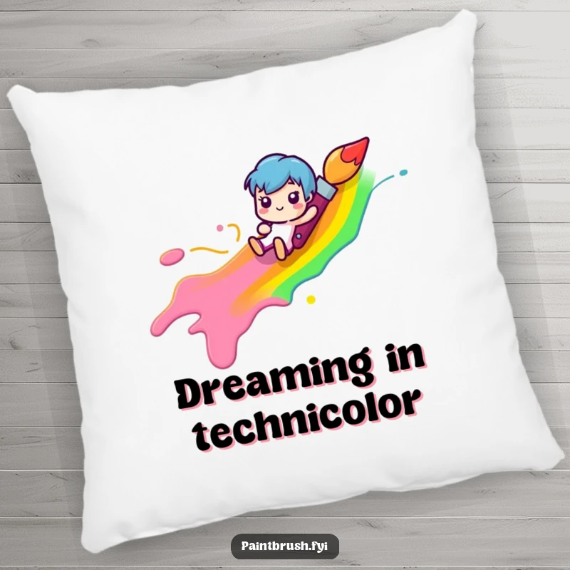 Funny paintbrush character sliding down a rainbow paint streak, illustrated on a soft pillow, offering comfort and a funny gift.