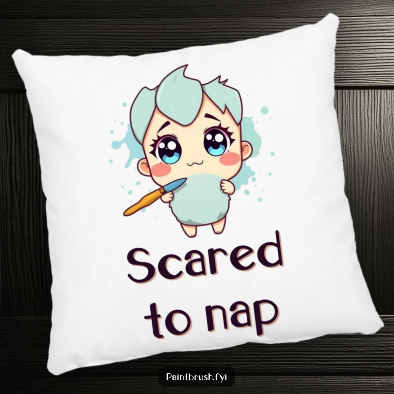 Funny Pillow: Paintbrush character with wide eyes recoiling from a large ink splotch, a soft and humorous decor item.