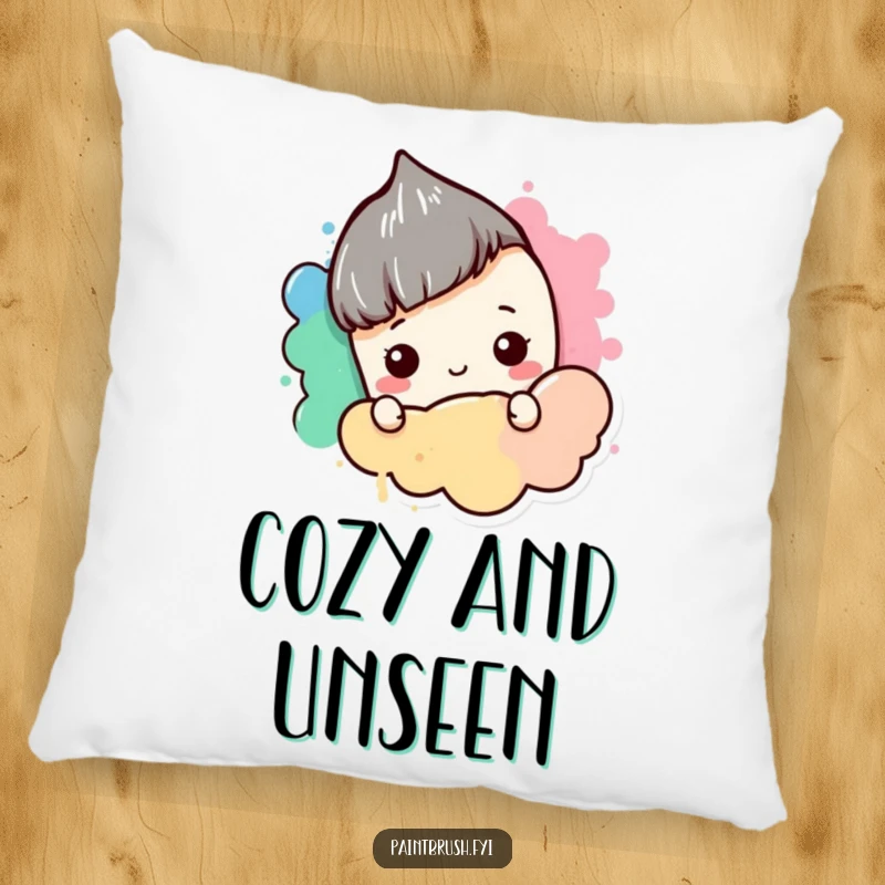 Funny Pillow: A shy paintbrush character hiding behind a blob of color, offering cozy comfort and a touch of introverted charm.