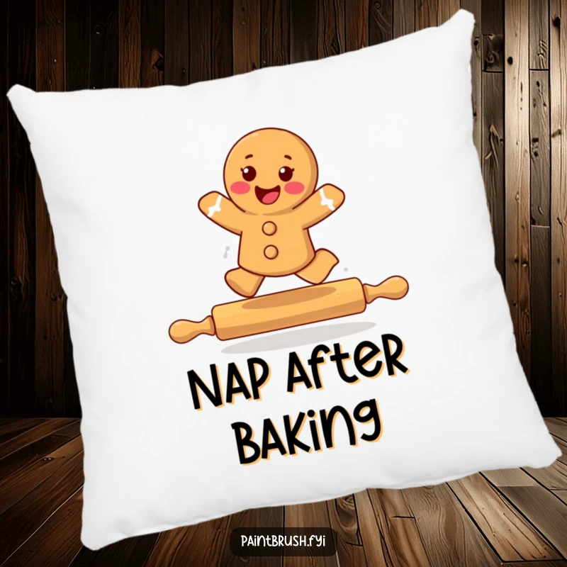 Funny gingerbread cookie character captured in a dynamic leap over a rolling pin, bringing whimsical charm and humor to a cozy space.