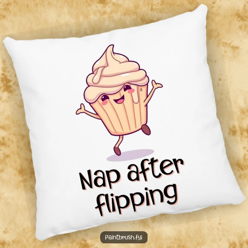 Funny Pillow featuring a smiling cupcake character with dripping frosting doing a cartwheel, offering comfort and sweet cheer.
