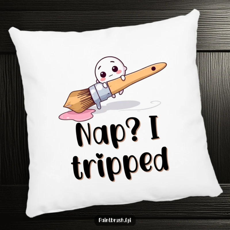 Funny Pillow: Tiny round brush character comically tripping over a giant dripping paintbrush, a humorous and comfortable decor item.