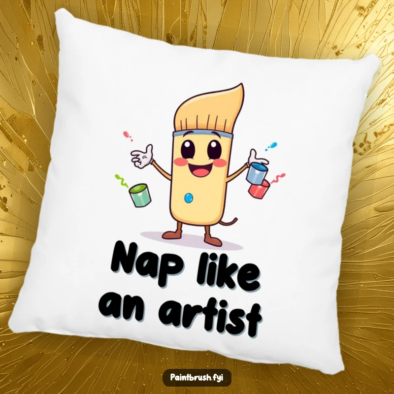 Funny pillow showcasing a cheerful paintbrush character in the act of juggling three tiny, bouncing paint pots, designed for comfort and humor.
