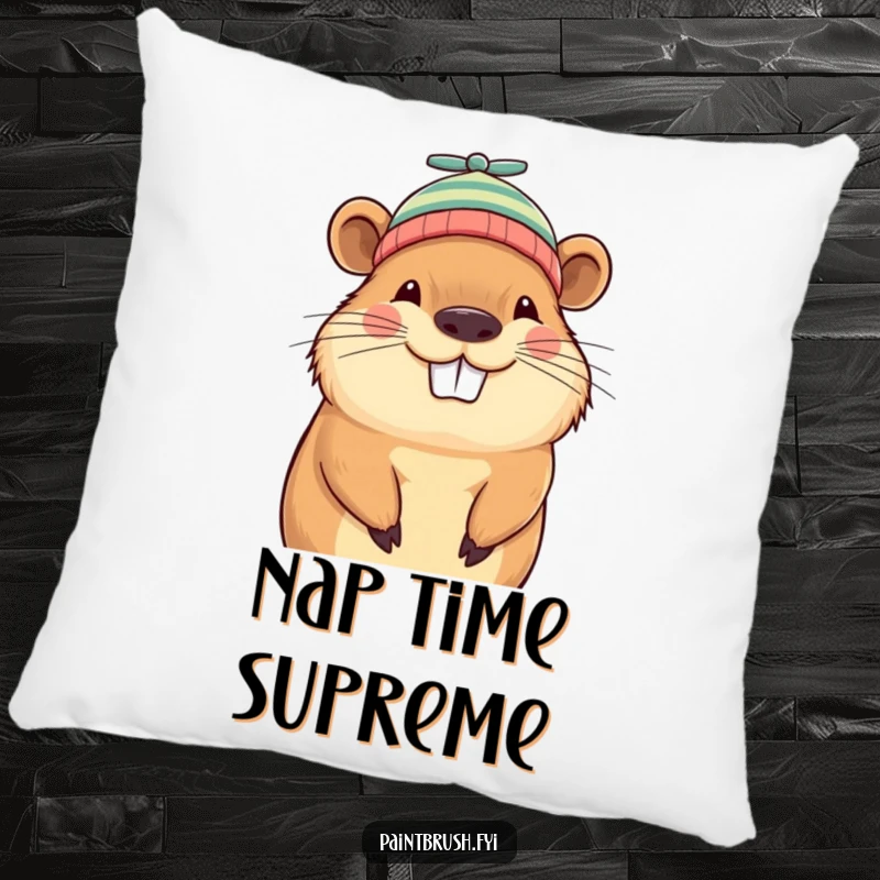 Funny capybara beanie pillow, grinning capybara wearing a tiny propeller beanie, providing soft comfort and whimsical humor.