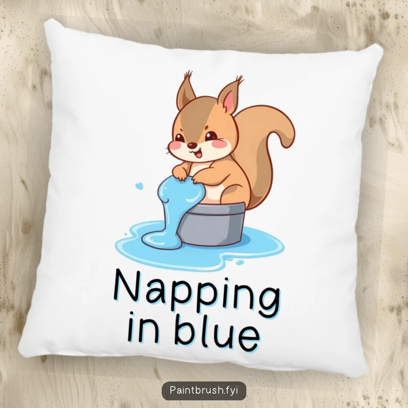 Funny squirrel pillow showing a mischievous squirrel accidentally dipping its tail in a bucket of blue paint, adding comfort and comedy.