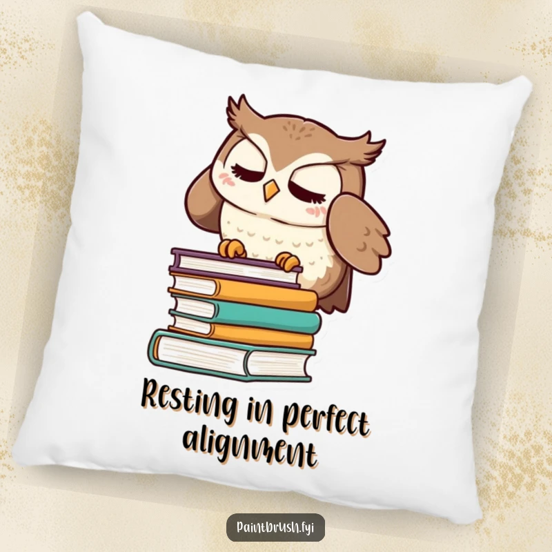 Funny decorative pillow featuring a meticulous owl character straightening a stack of books, perfect for adding quirky charm.