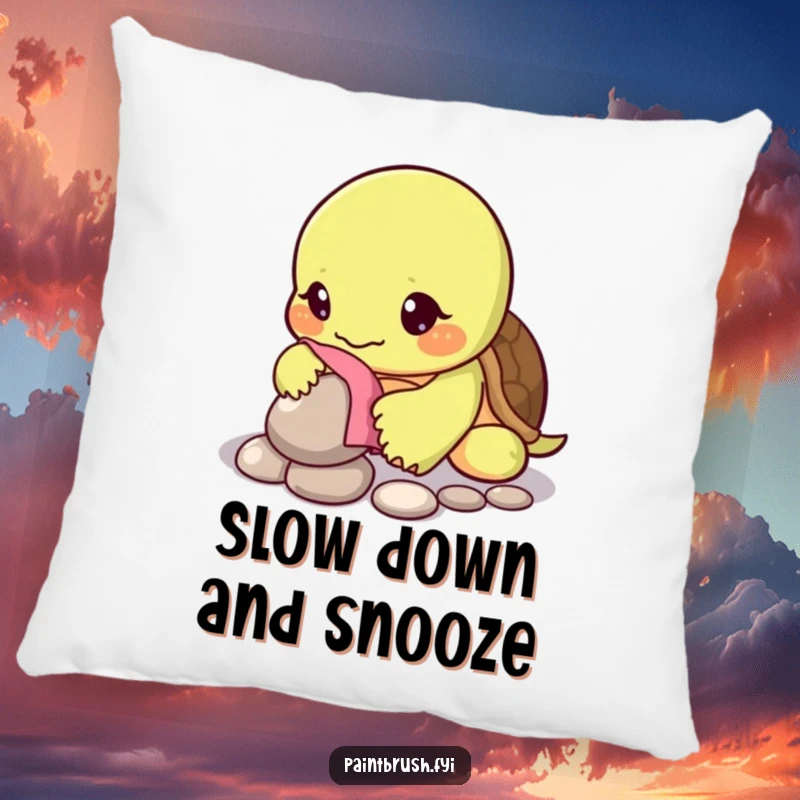 Funny pillow depicting a turtle character carefully polishing a single shiny pebble, symbolizing patience and quiet effort.