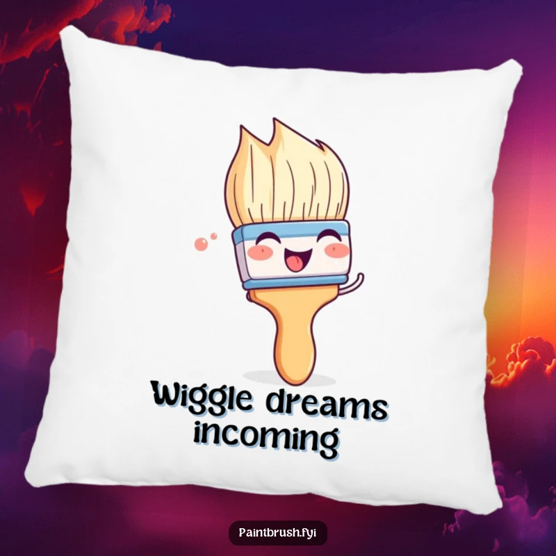 Funny paintbrush pillow with a character playfully wiggling its bristles with glee, offering cozy comfort and artistic humor.