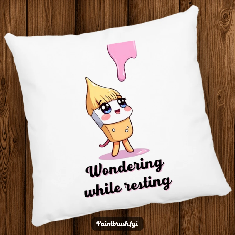 Funny pillow featuring a paintbrush character looking up inquisitively at a falling paint drip, offering cozy comfort with a touch of artistic wonder.