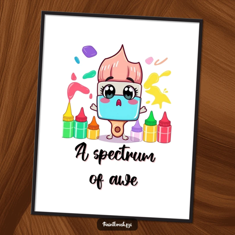 Funny Digital Art: A surprised paintbrush character gazes at a rainbow of paint tubes, creating a humorous and colorful art print.