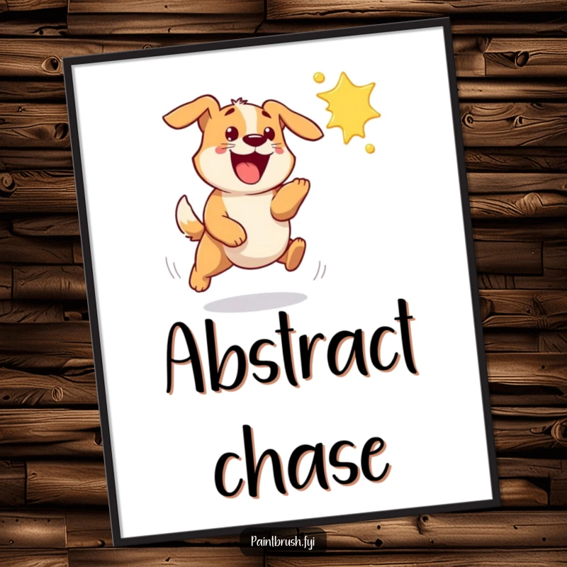 Funny dog digital art print of a bouncy dog excitedly chasing a flying paint splat, ready to download and display.