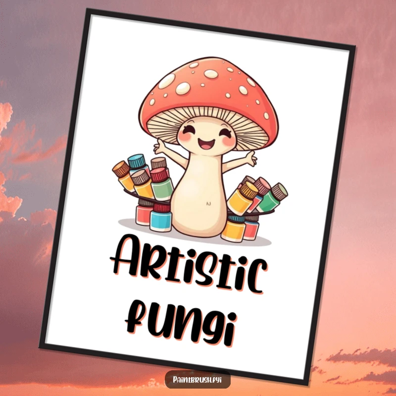 Funny mushroom digital art print of a cheerful mushroom struggling to balance numerous tiny paint pots, ready for display.