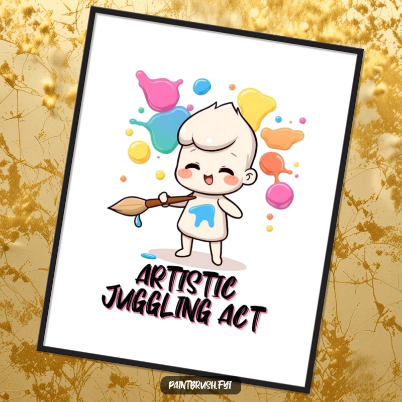 Funny digital art print of a paintbrush character in action, juggling multiple colorful paint blobs with ease.